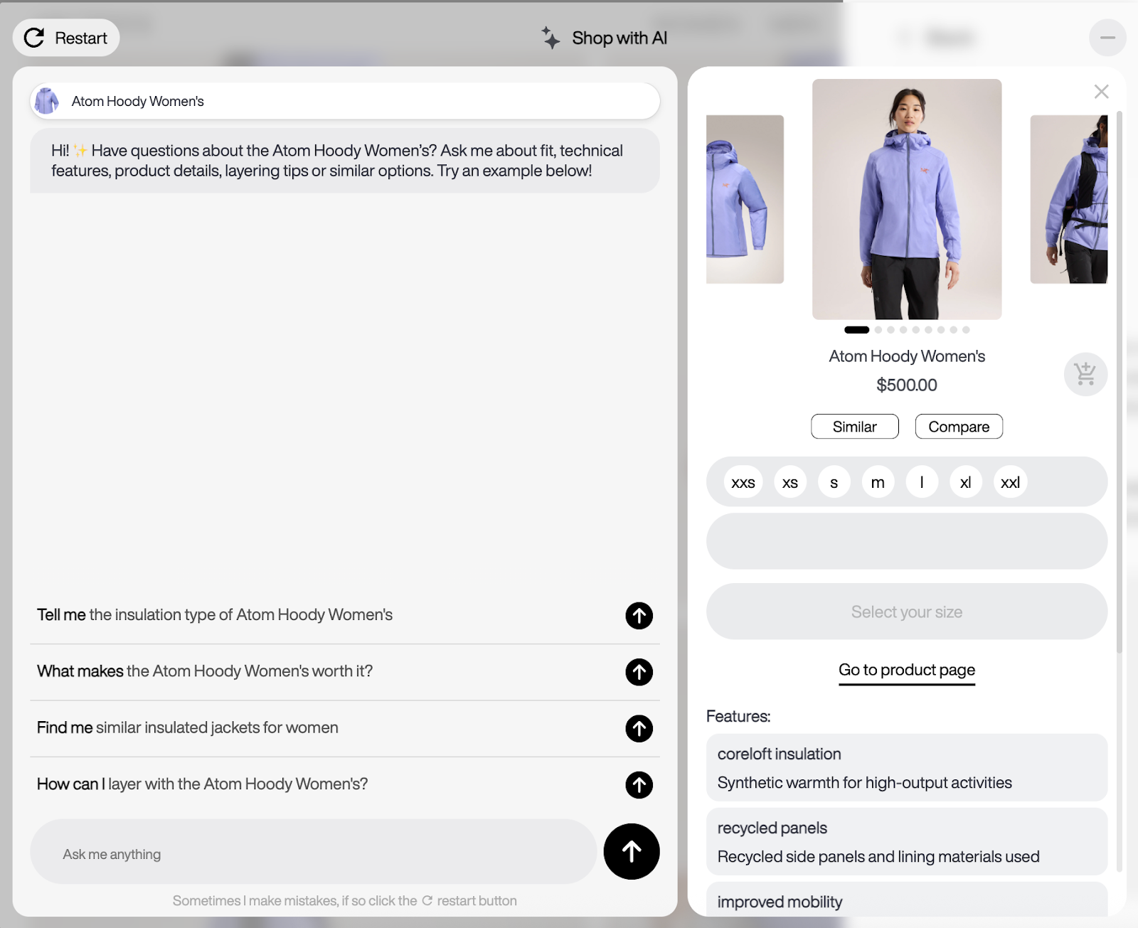 Arc'teryx Atom Hoody women's product page with AI shopping assistant chat.