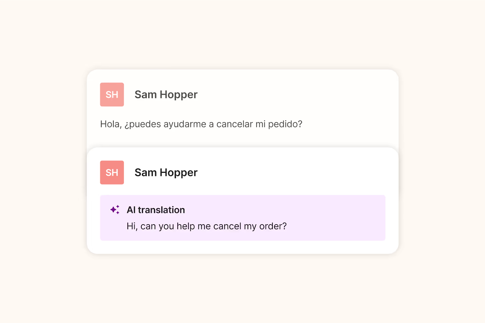 Customer messages translated from Spanish to English with AI