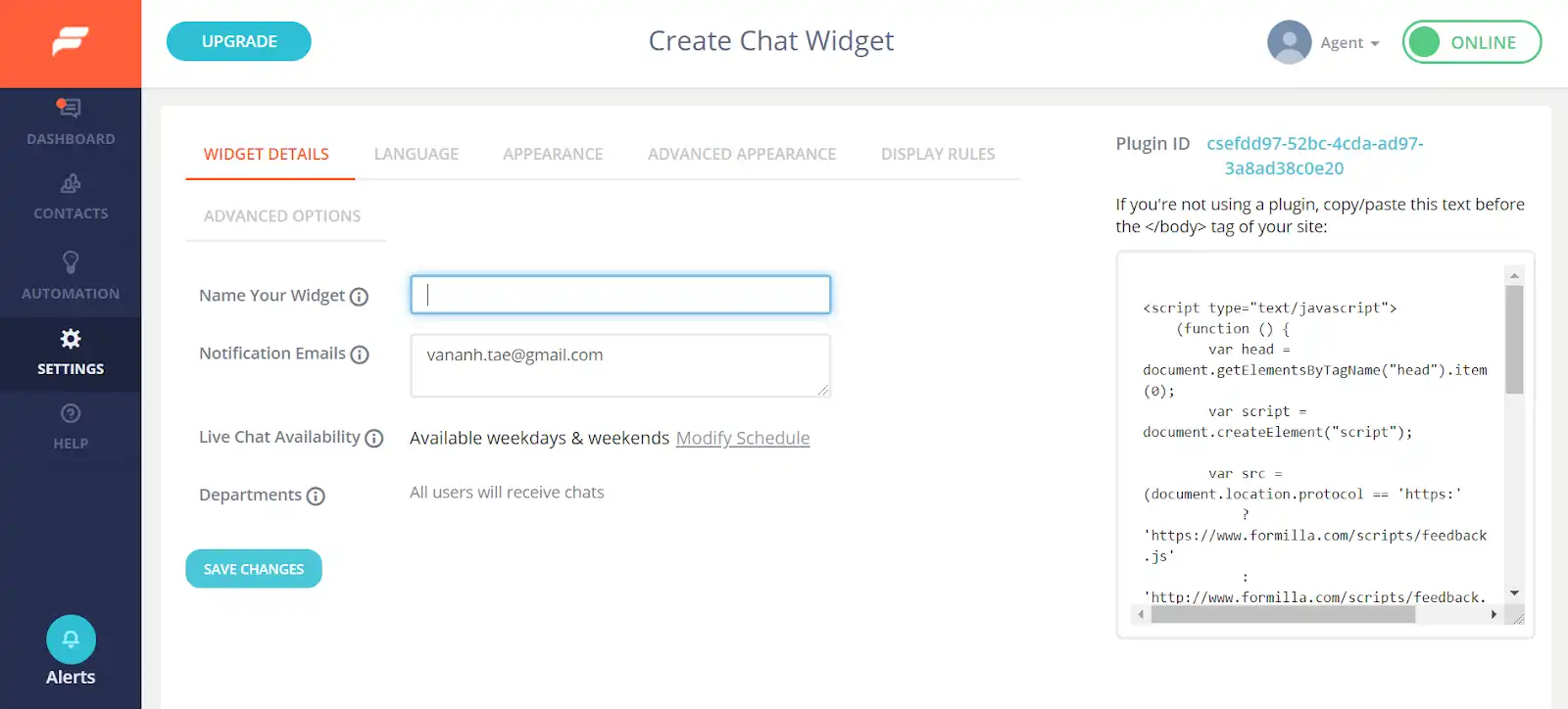 Formilla Live Chat widget settings