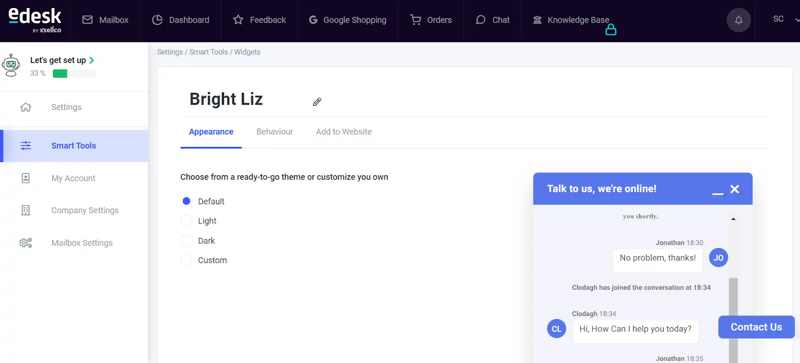 eDesk Live Chat appearance settings