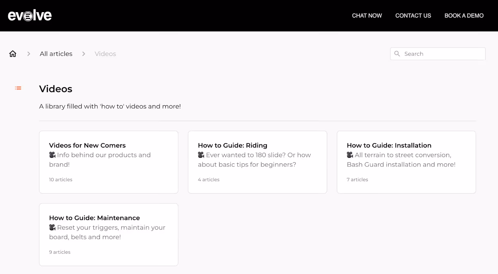 Evolve Skateboards' Help Center includes YouTube videos