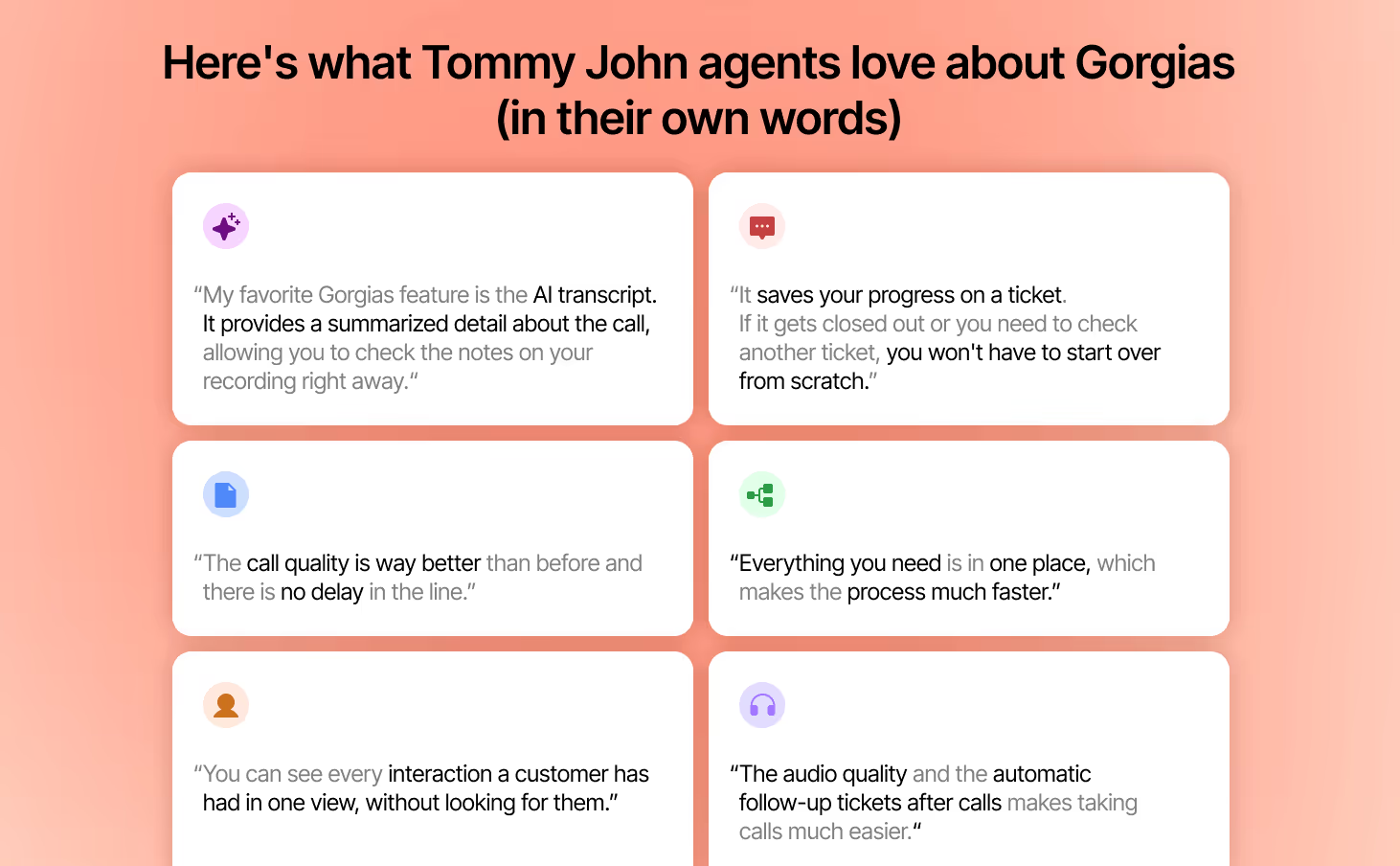 A graphic showing responses from Tommy John's agent experience survey. They highlight what CX agents love about Gorgias. 