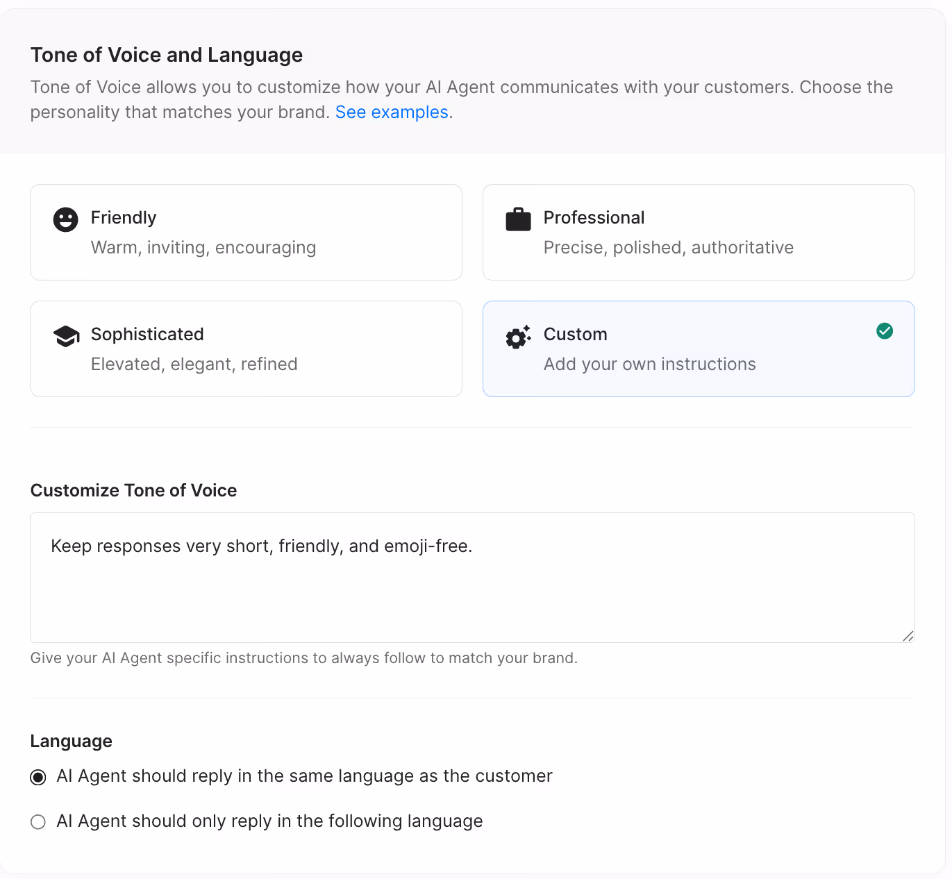 Four button that provides AI Agent tone of voice options, including Friendly, Professional, Sophisticated, and Custom