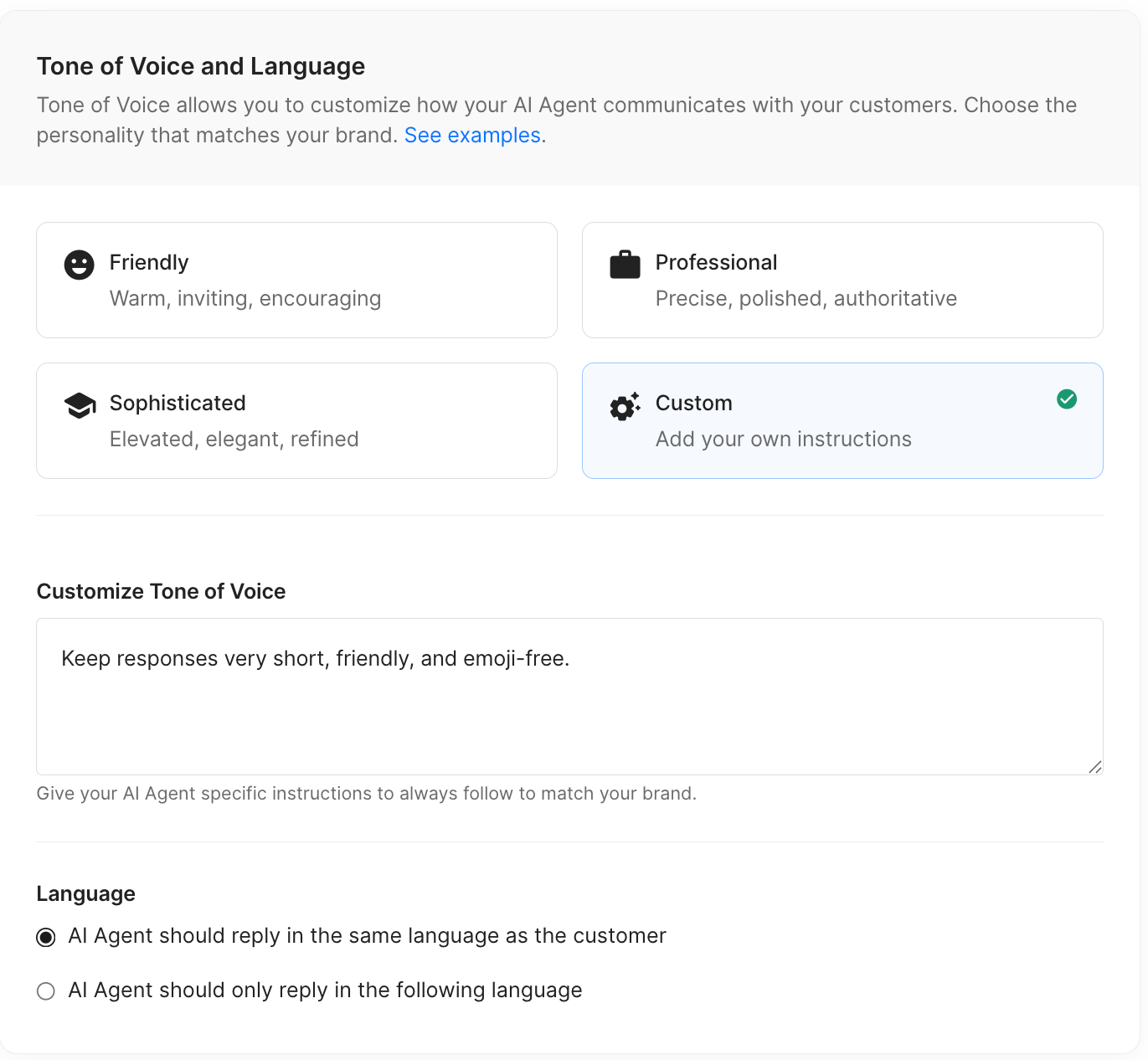 Four button that provides AI Agent tone of voice options, including Friendly, Professional, Sophisticated, and Custom