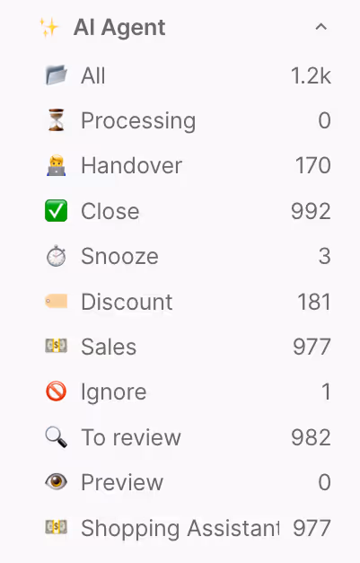 A menu of AI Agent's ticket views, including Processing, Handover, Snooze, Close, Ignore, To Review, and more
