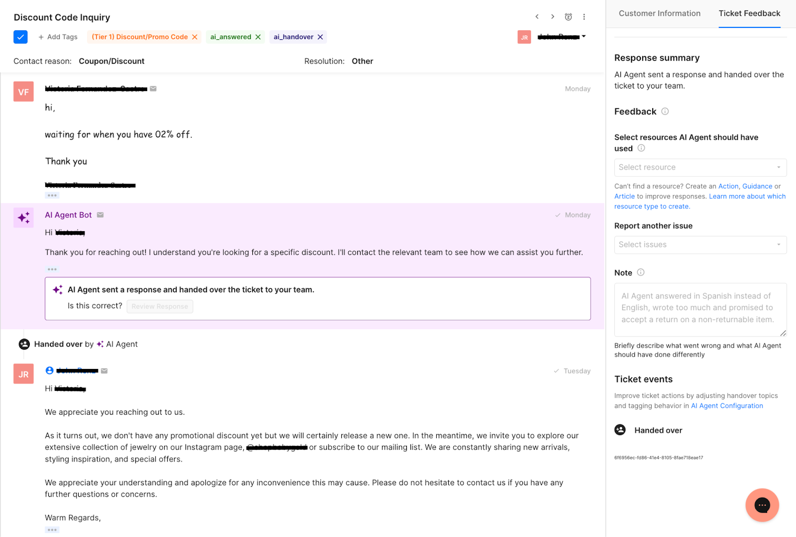 AI Agent handing over a ticket to a human agent.
