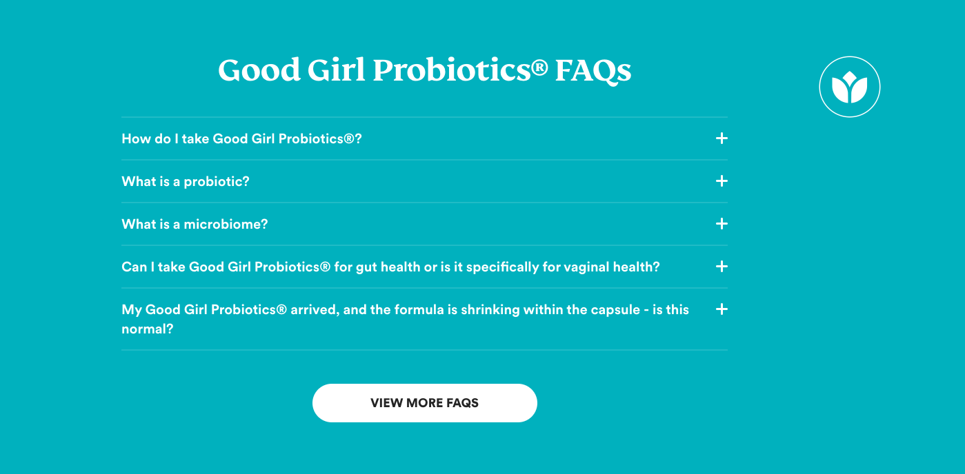 Screenshot of Love Wellness' FAQ block on the Good Girl Probiotics page. The brand answers the top questions shoppers have about this product, such as what is a probiotic and what is a microbiome.