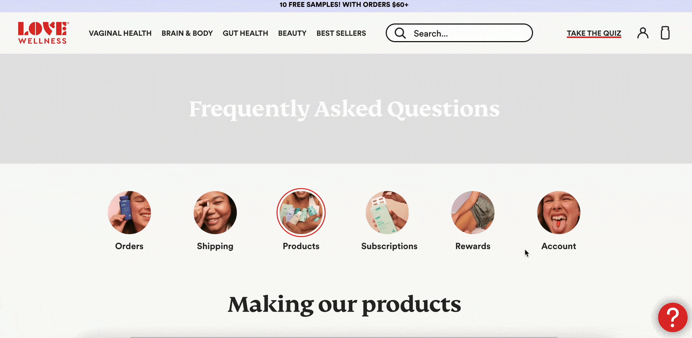 GIF of Love Wellness's FAQ page. The GIF shows the cursor clicking through various questions to highlight how each one has a dropdown answer. The cursor also clicks on various FAQ categories, such as \