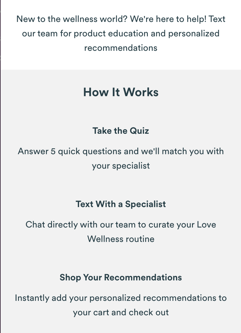 Screenshot of Love Wellness’s “Shop with a wellness expert pop-up.” The pop-up explains how the program works, which has three steps: Take the quiz, text with a specialist, and shop your recommendations.