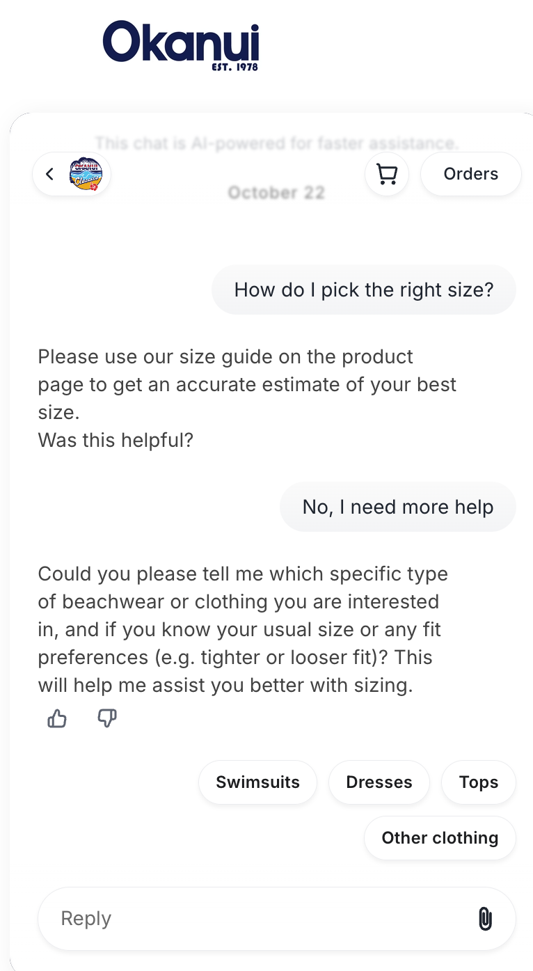 Okanui uses Gorgias Shopping Assistant to provide product recommendations