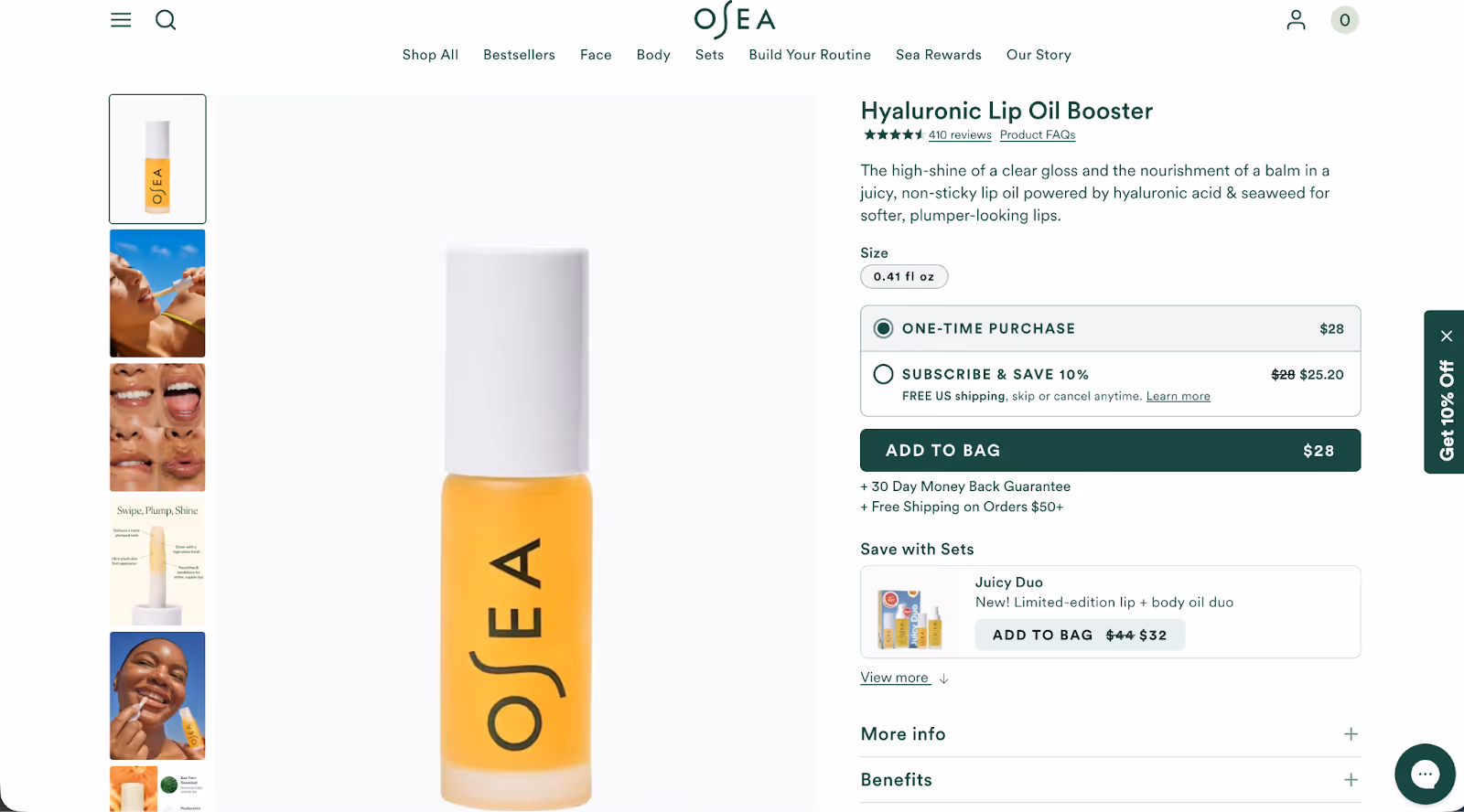 OSEA Malibu's product description page with Gorgias's chat icon in the bottom right corner