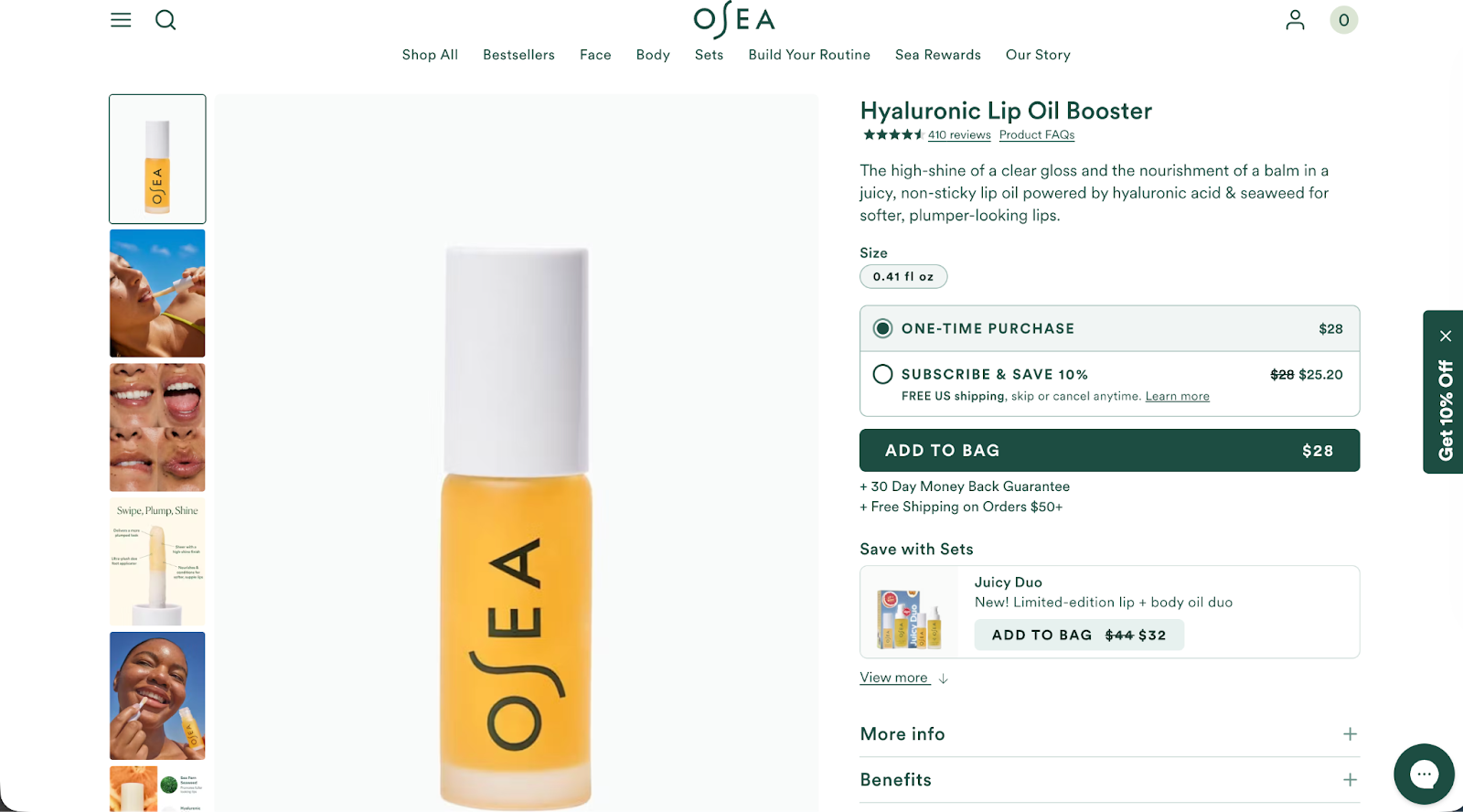 OSEA Malibu's product description page with Gorgias's chat icon in the bottom right corner
