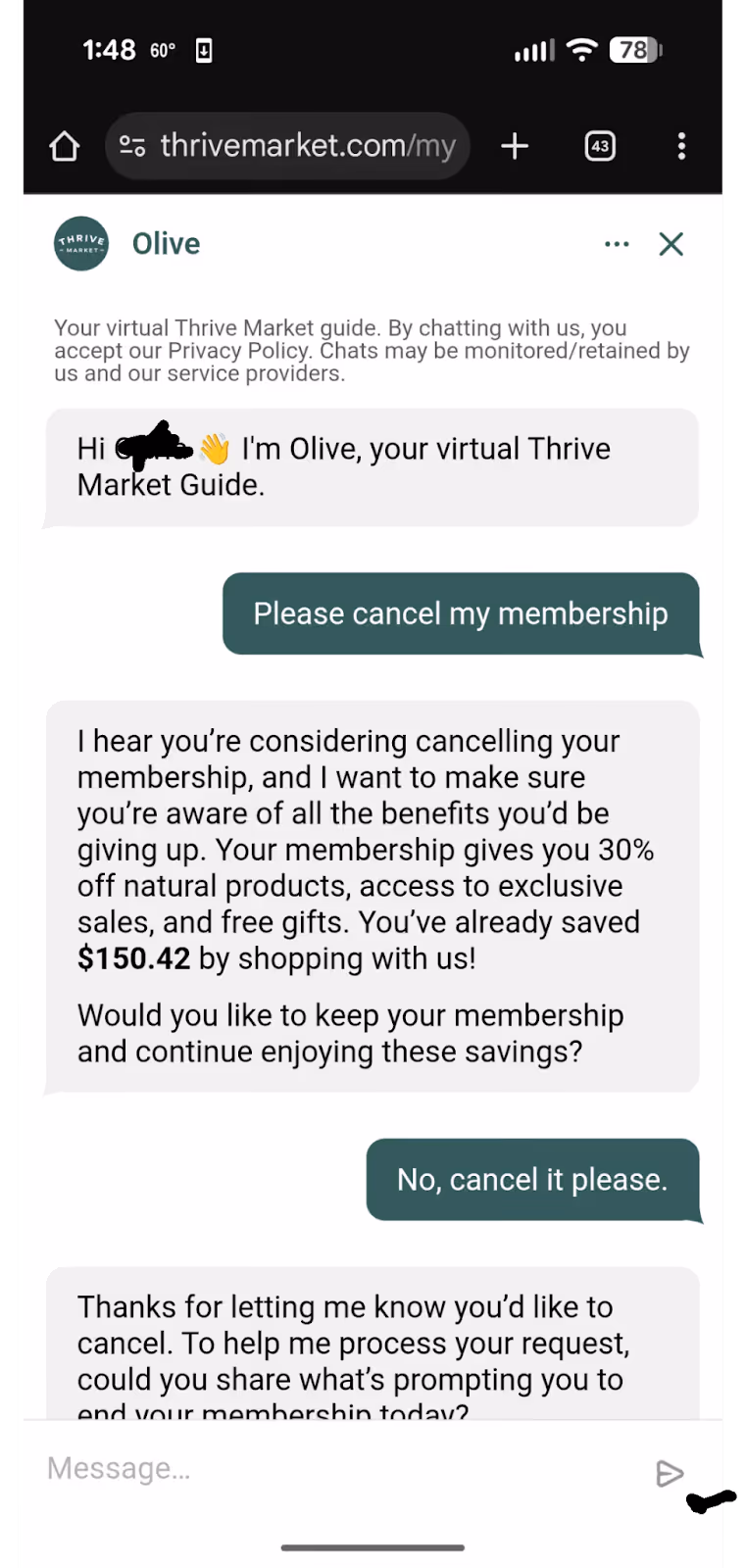 A frustrating conversation between Thrive Market's chatbot and customer