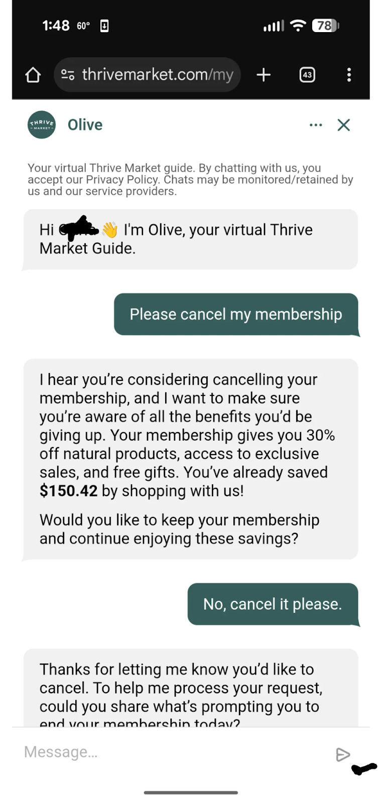 A frustrating conversation between Thrive Market's chatbot and customer