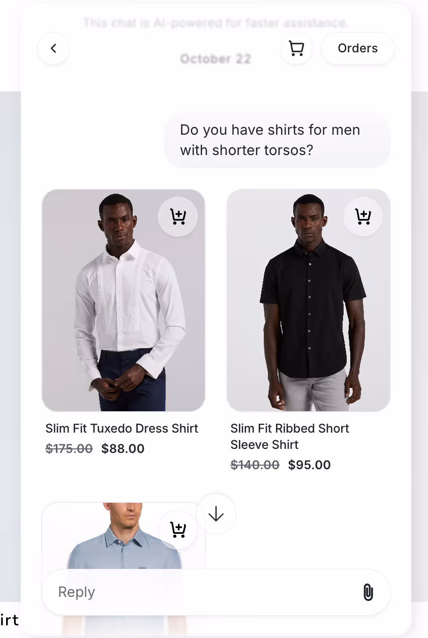 Perry Ellis uses Gorgias Shopping Assistant to surface product recommendations including images and prices