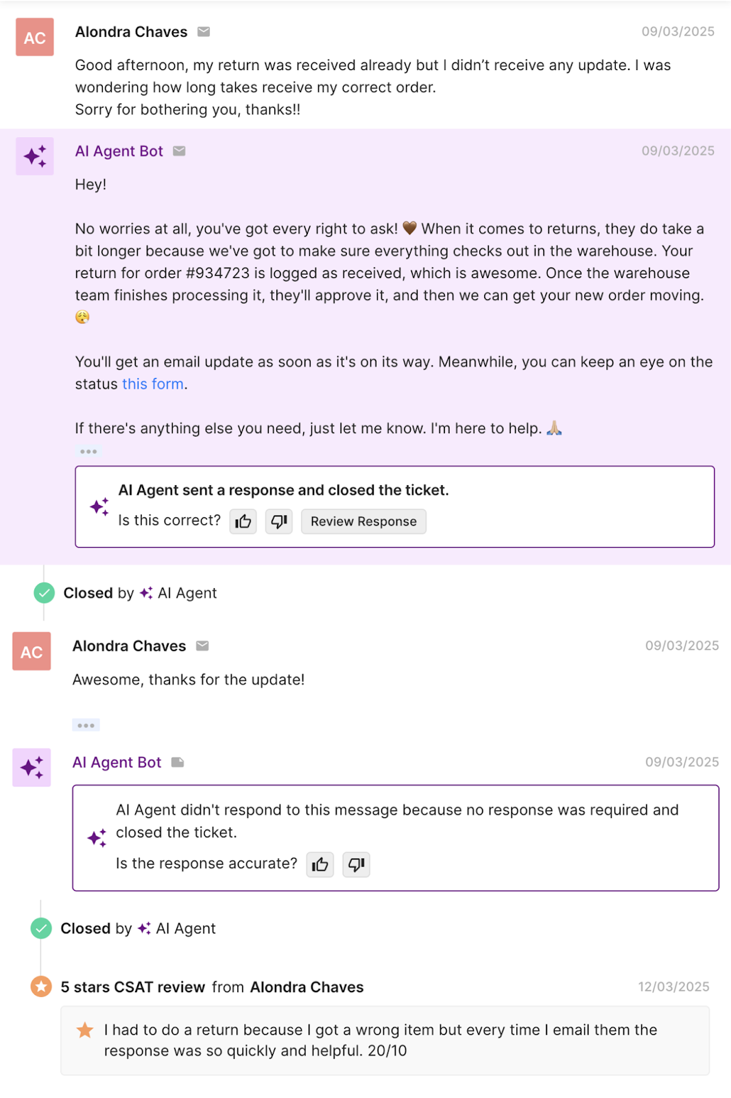 Customer support conversation where a customer asks about the status of a return and receives a helpful, empathetic response from an AI agent. The ticket is automatically closed and the customer gives a 5-star satisfaction rating.