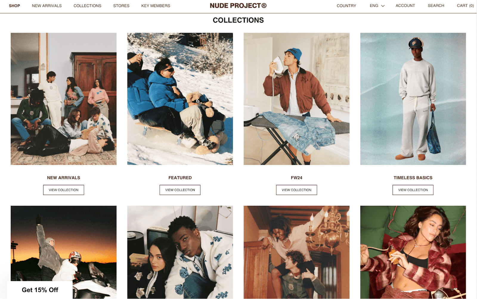 Screenshot from Nude Project’s product collection page showing lifestyle photography highlighting its streetwear apparel. Collections include New Arrivals, Featured, FW24, Timeless Basics, and more.