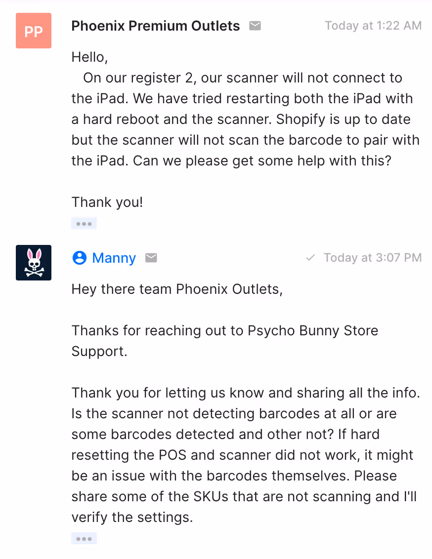 Support conversation between Phoenix Premium Outlets (a Psycho Bunny retail store) and a representative named Manny discussing a barcode scanner not connecting to an iPad.