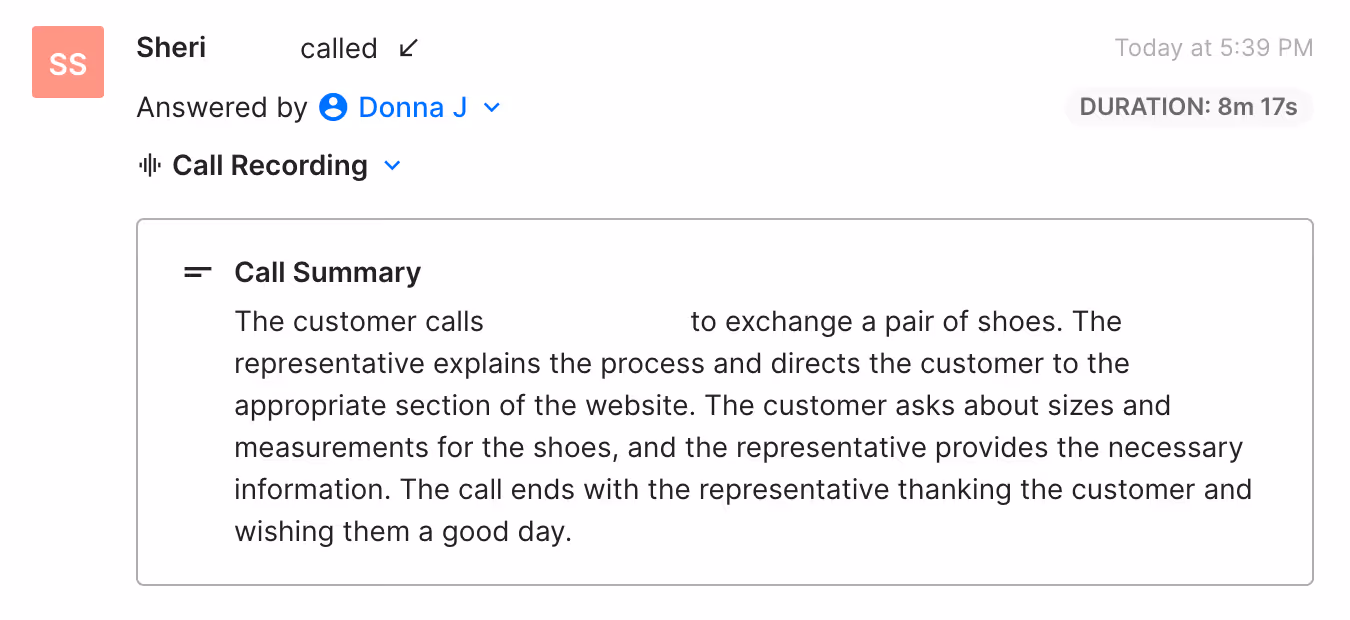 Call summary showing a customer called to exchange shoes, with the representative explaining the process and providing sizing information.