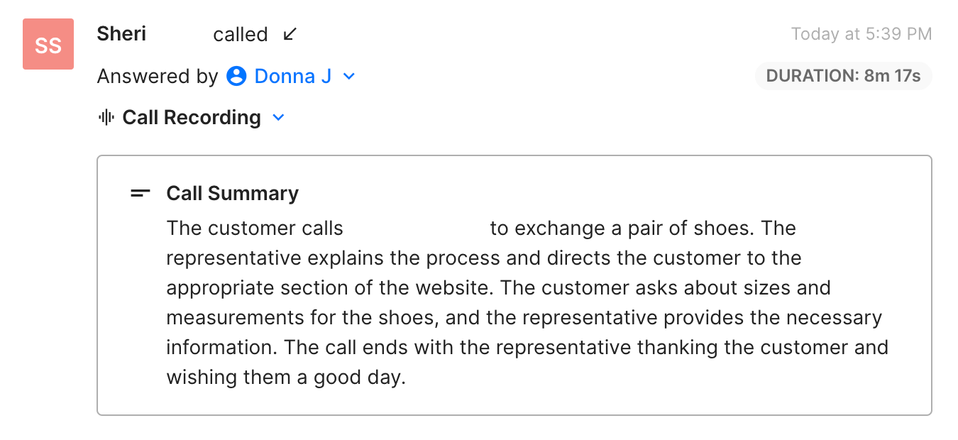 Call summary showing a customer called to exchange shoes, with the representative explaining the process and providing sizing information.
