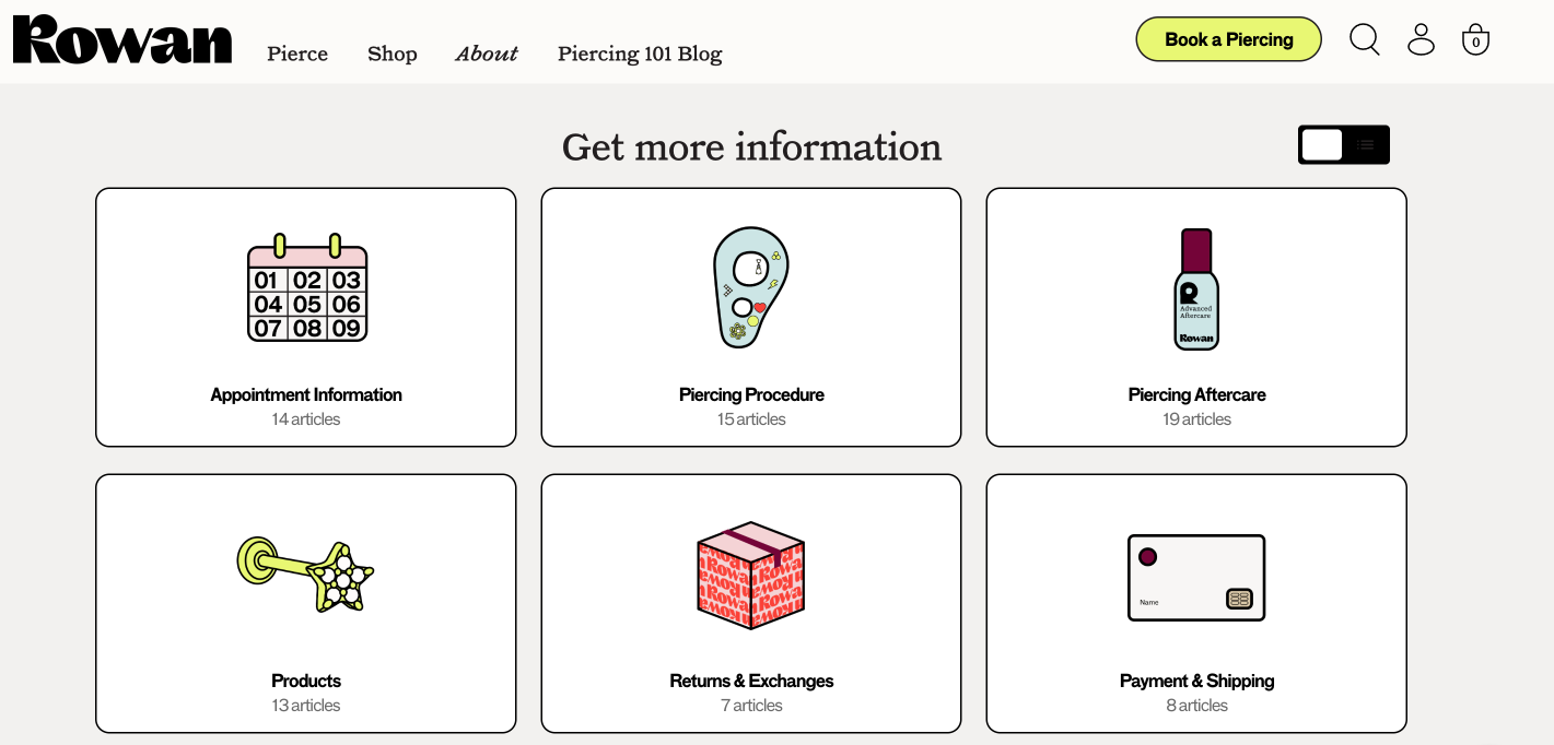 Rowan's Help Center homepage, structured with six clear categories including Piercing Aftercare (19 articles), Returns & Exchanges, and Appointment Information.