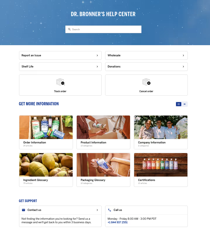 Dr. Bronner's Help Center webpage showing detailed articles, interactive flows, and order management automation for efficient customer support.
