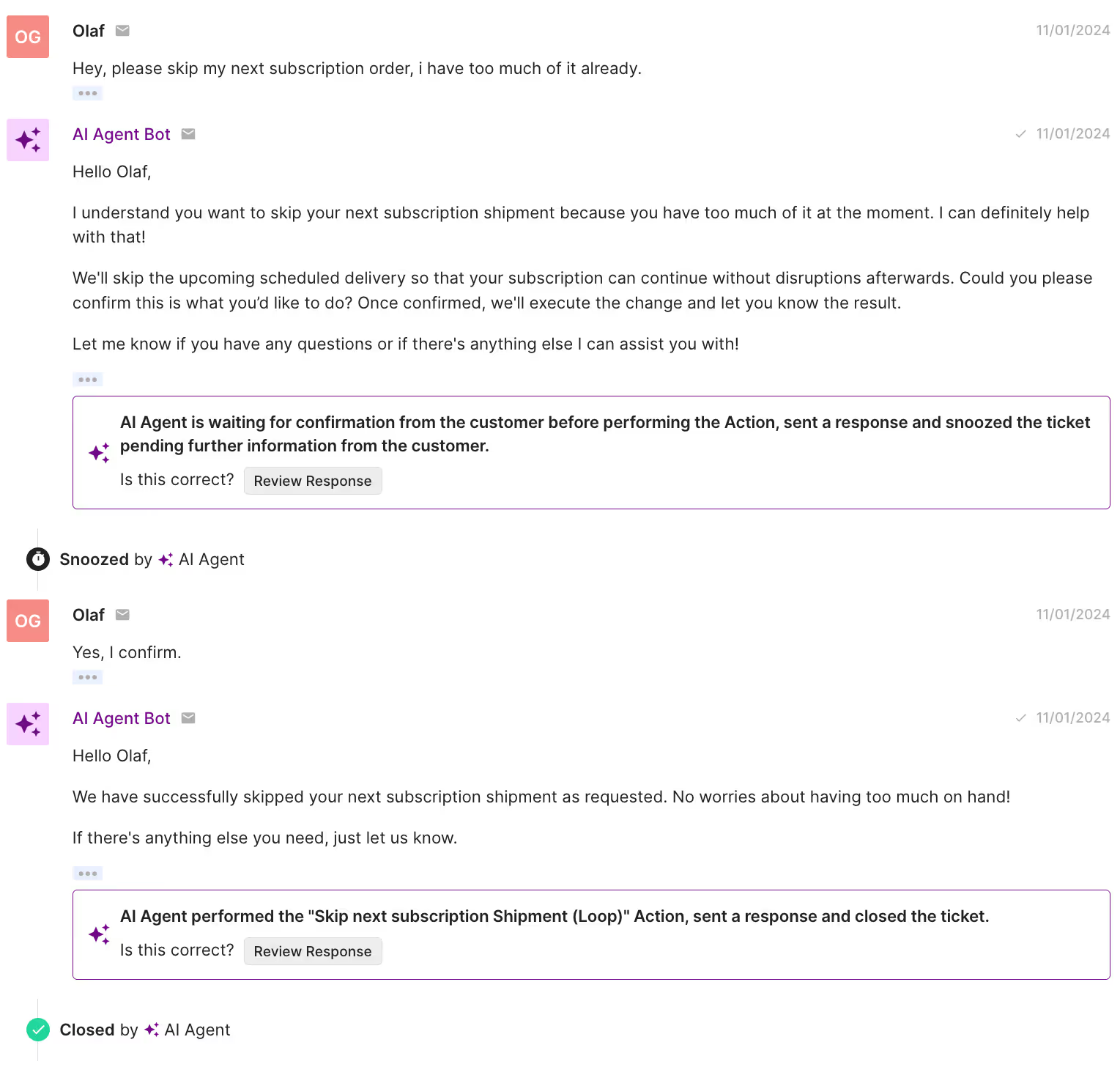 Email thread between AI Agent and customer about skipping a subscription.