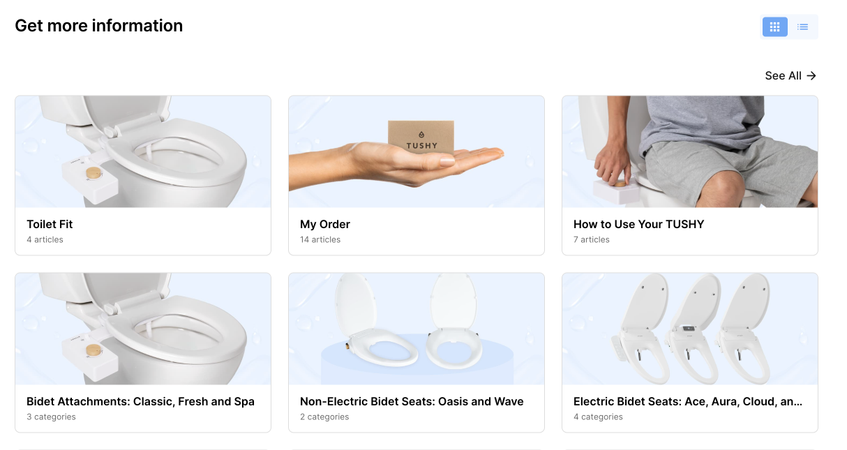 TUSHY bidet customer help center webpage showing categories: Toilet Fit, My Order, How to Use Your TUSHY, Attachments, Non-Electric and Electric Seats.