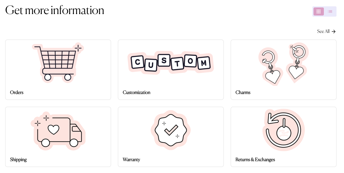Little Words Project Help Center homepage showing six main categories: Orders, Customization, Charms, Shipping, Warranty, and Returns & Exchanges.