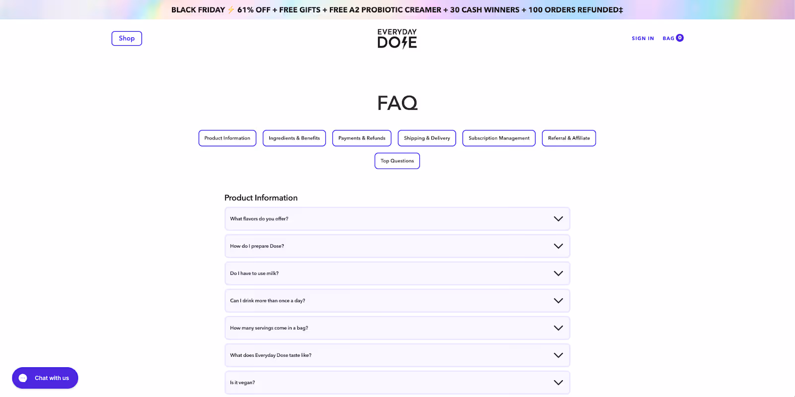 Everyday Dose FAQ page showing product, payments, and subscription question categories.