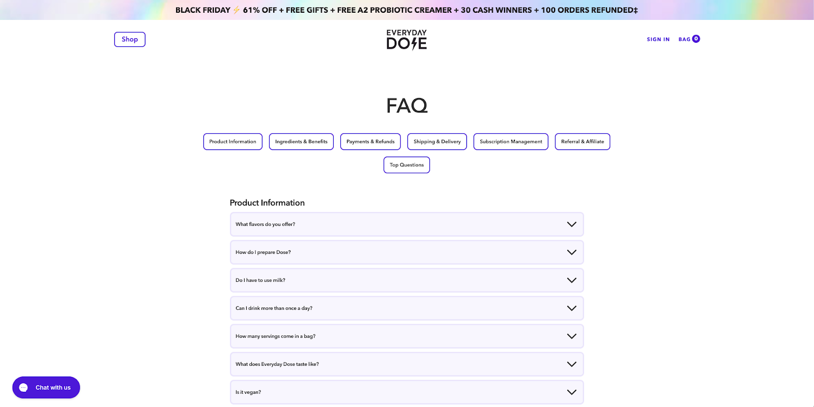 Everyday Dose FAQ page showing product, payments, and subscription question categories.