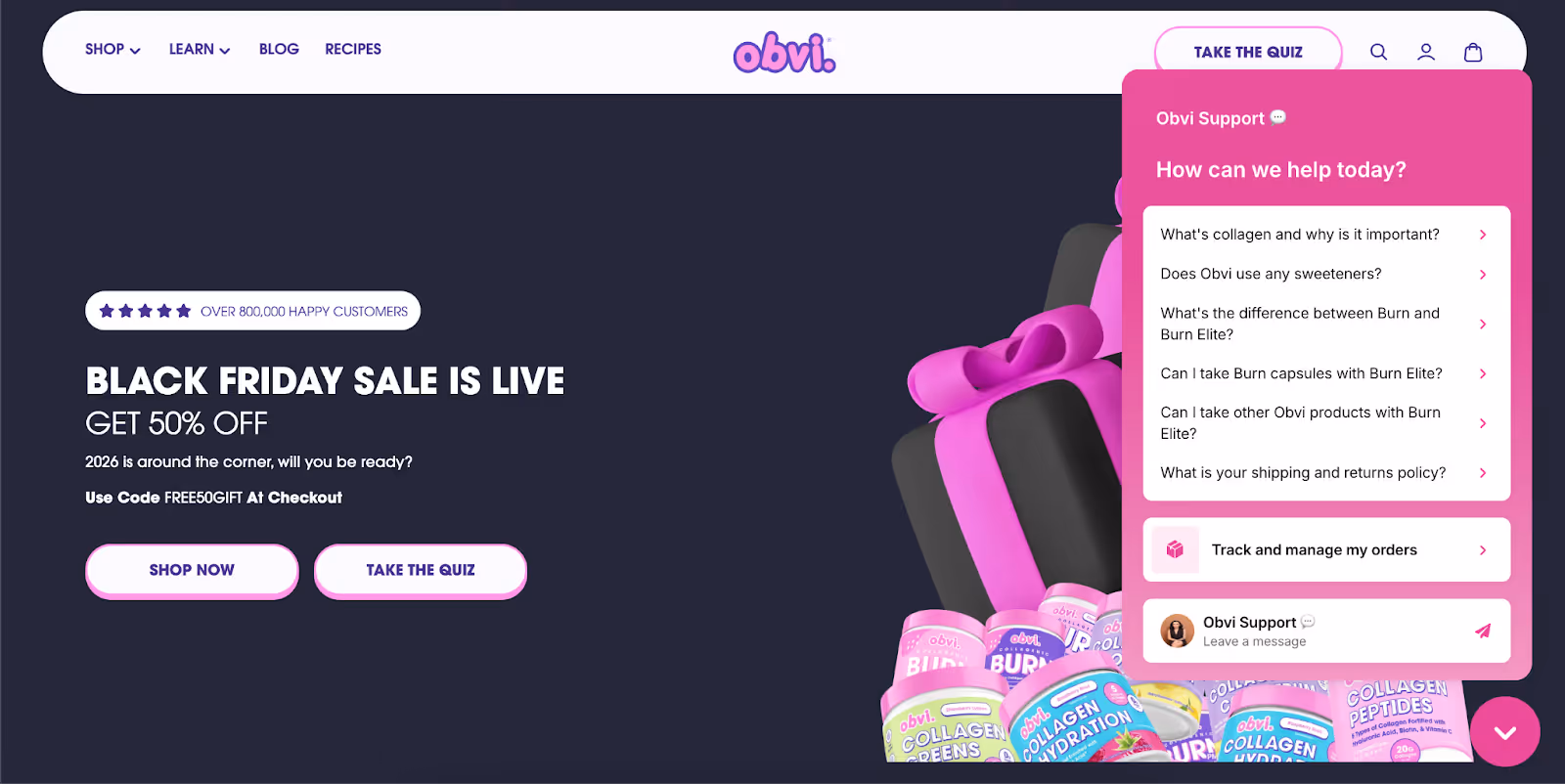 Obvi homepage promoting Black Friday sale with 50% off and chat support window open.