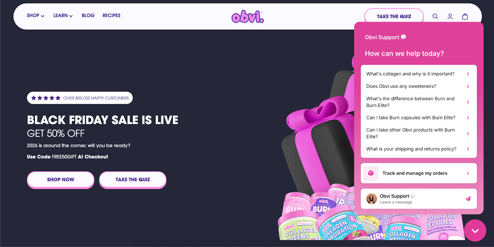 Obvi homepage promoting Black Friday sale with 50% off and chat support window open.