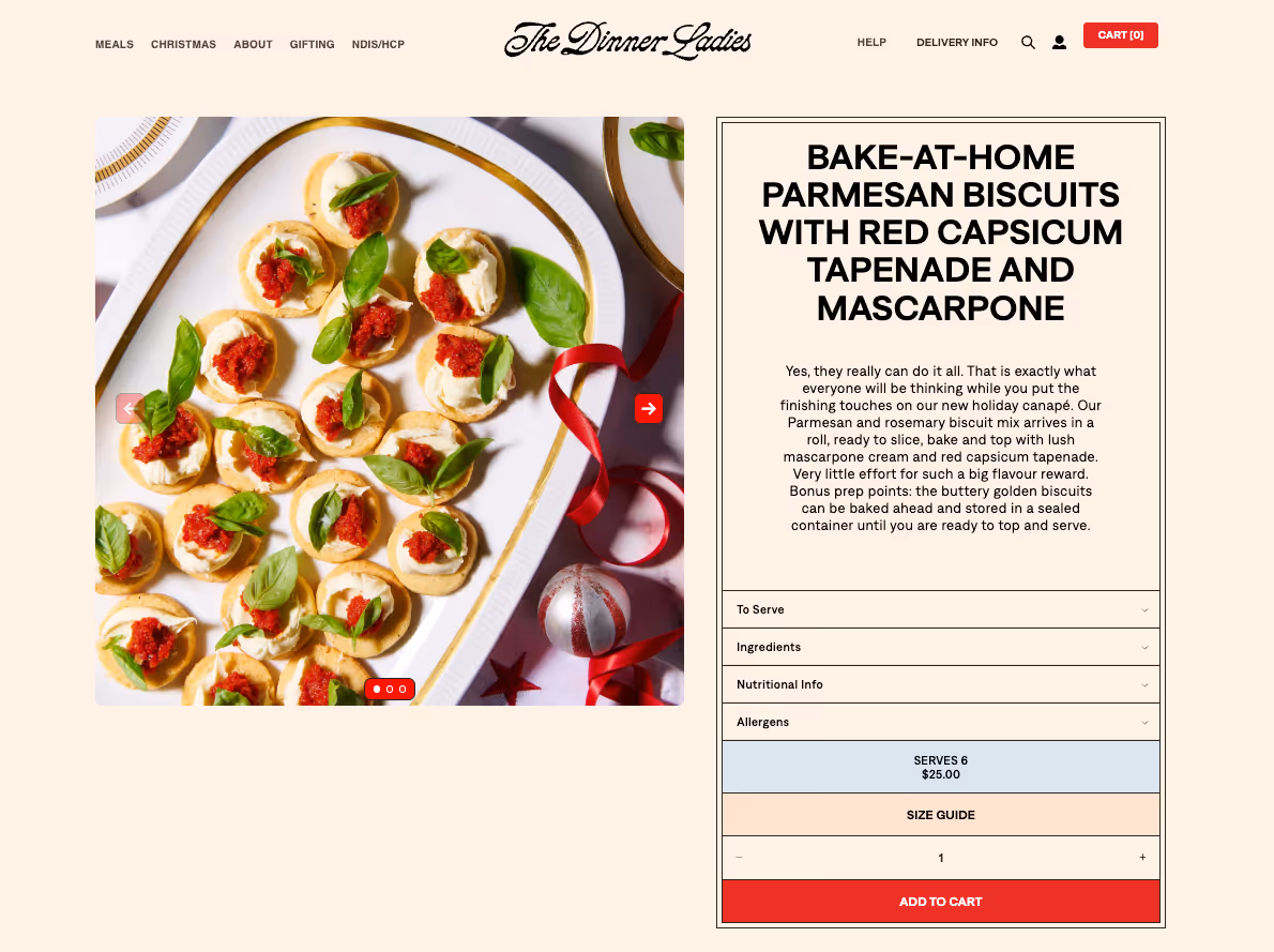 The Dinner Ladies product page showing parmesan biscuits with tapenade and mascarpone.