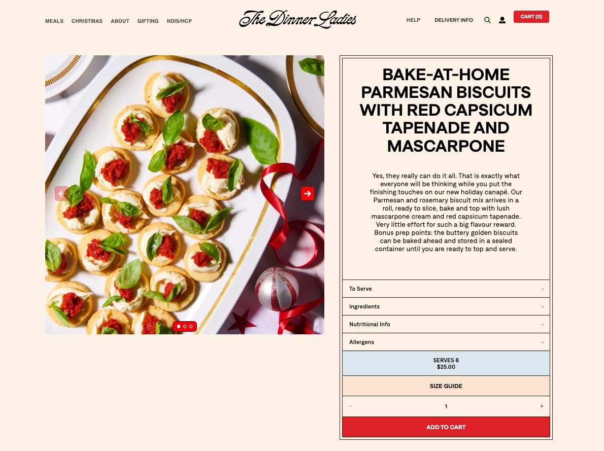 The Dinner Ladies product page showing parmesan biscuits with tapenade and mascarpone.