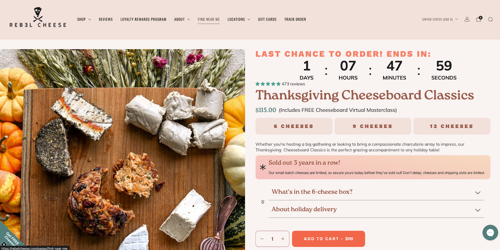 Rebel Cheese product page for Thanksgiving Cheeseboard Classics featuring six vegan cheeses on wood board.
