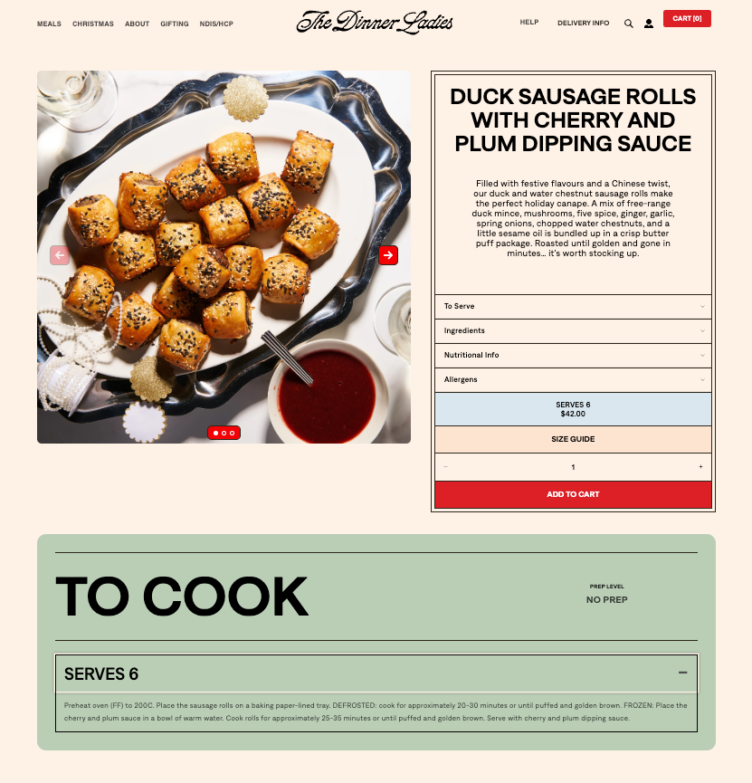 The Dinner Ladies product page featuring duck sausage rolls with cherry and plum dipping sauce.