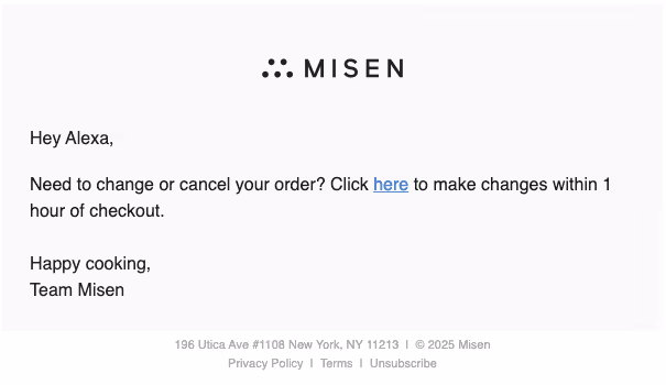 Misen order confirmation email with link to change or cancel within one hour of checkout.