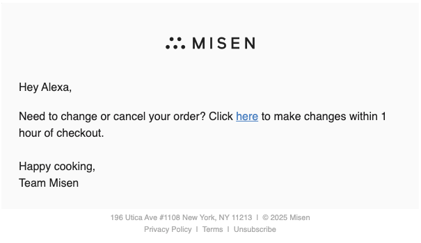 Misen order confirmation email with link to change or cancel within one hour of checkout.