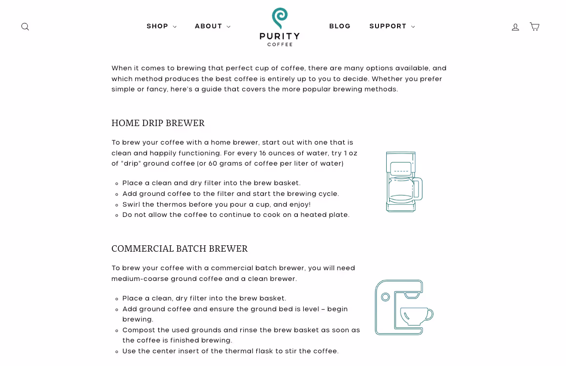 Purity Coffee brewing guide showing home drip and commercial batch brewer illustrations.