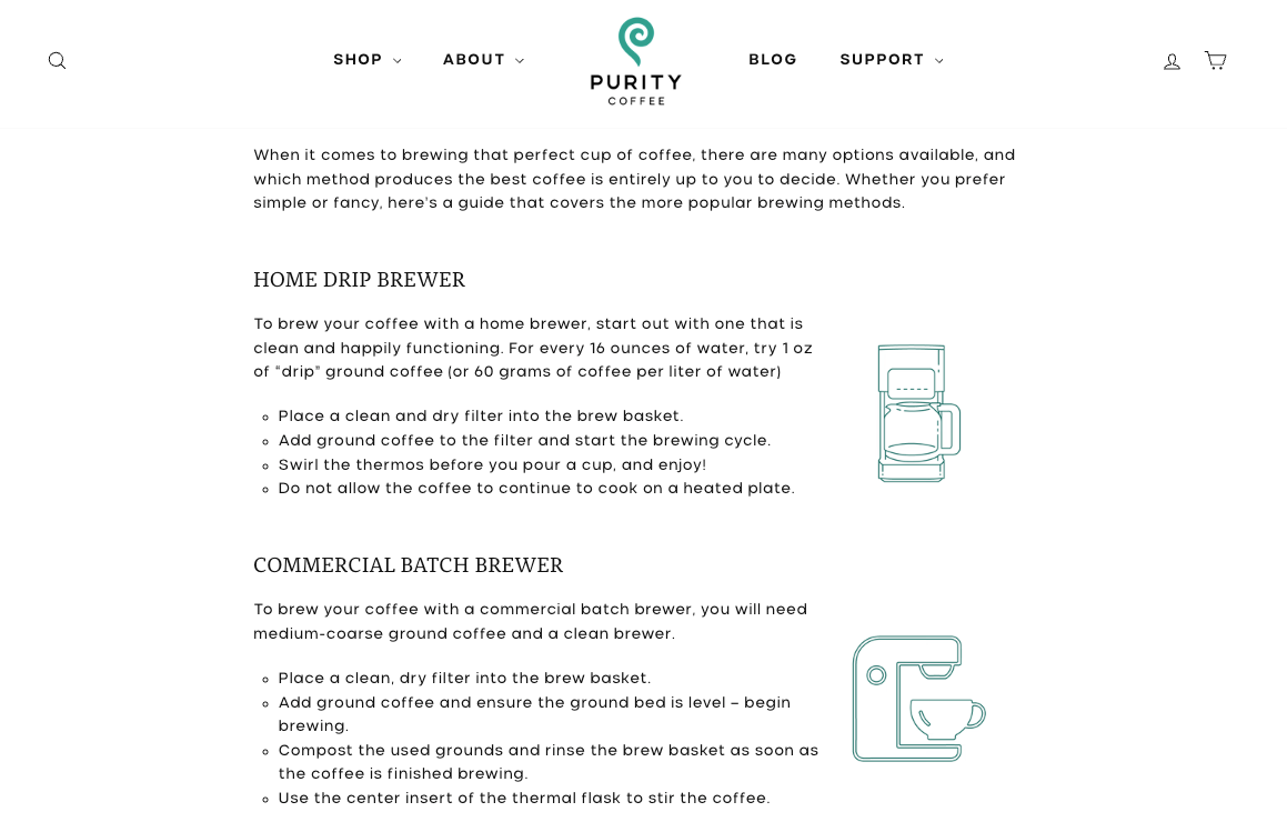 Purity Coffee brewing guide showing home drip and commercial batch brewer illustrations.