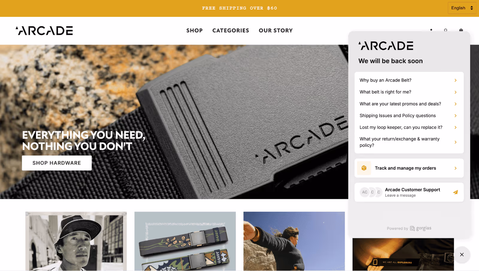 Arcade Belt's homepage, showing the self-service FAQs and Flows available through Gorgias.