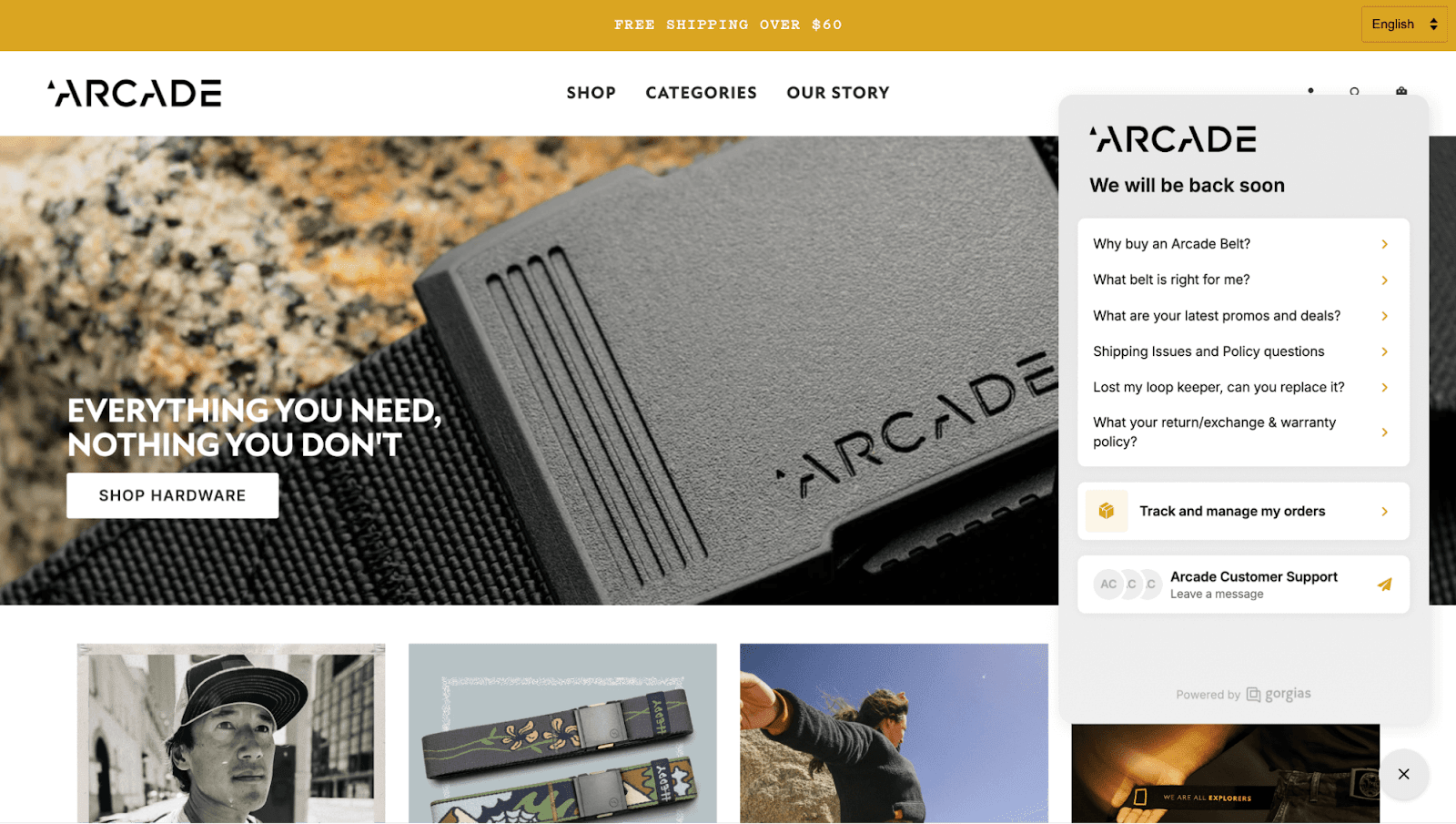 Arcade Belt's homepage, showing the self-service FAQs and Flows available through Gorgias.