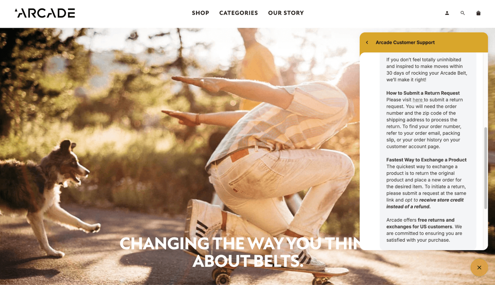 A screenshot of the Return/Exchange policy in Arcade Belts' live chat.