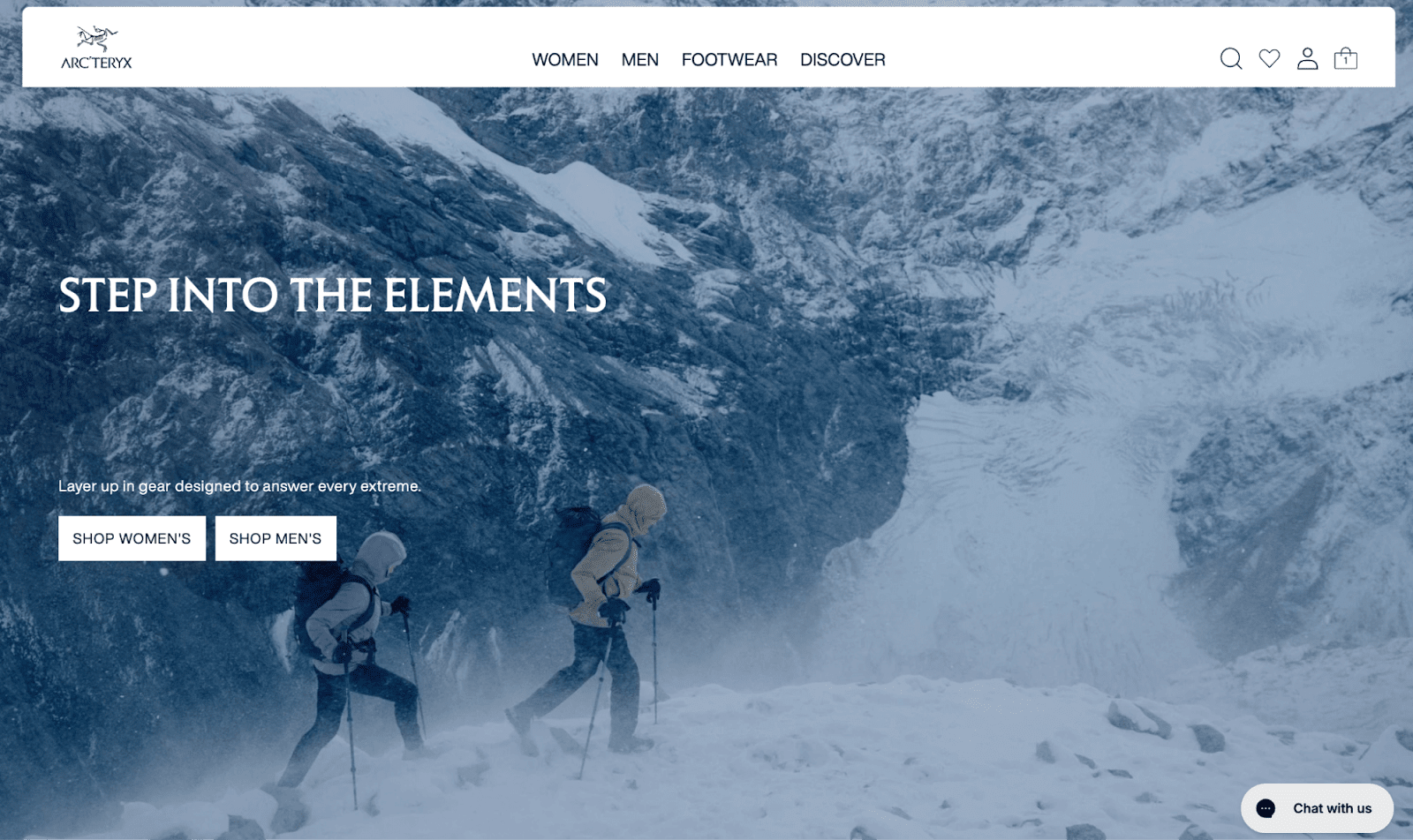 Arc'teryx homepage showing two hikers wearing Arc'teryx gear trekking through a snowy mountain landscape under the headline “Step Into The Elements.