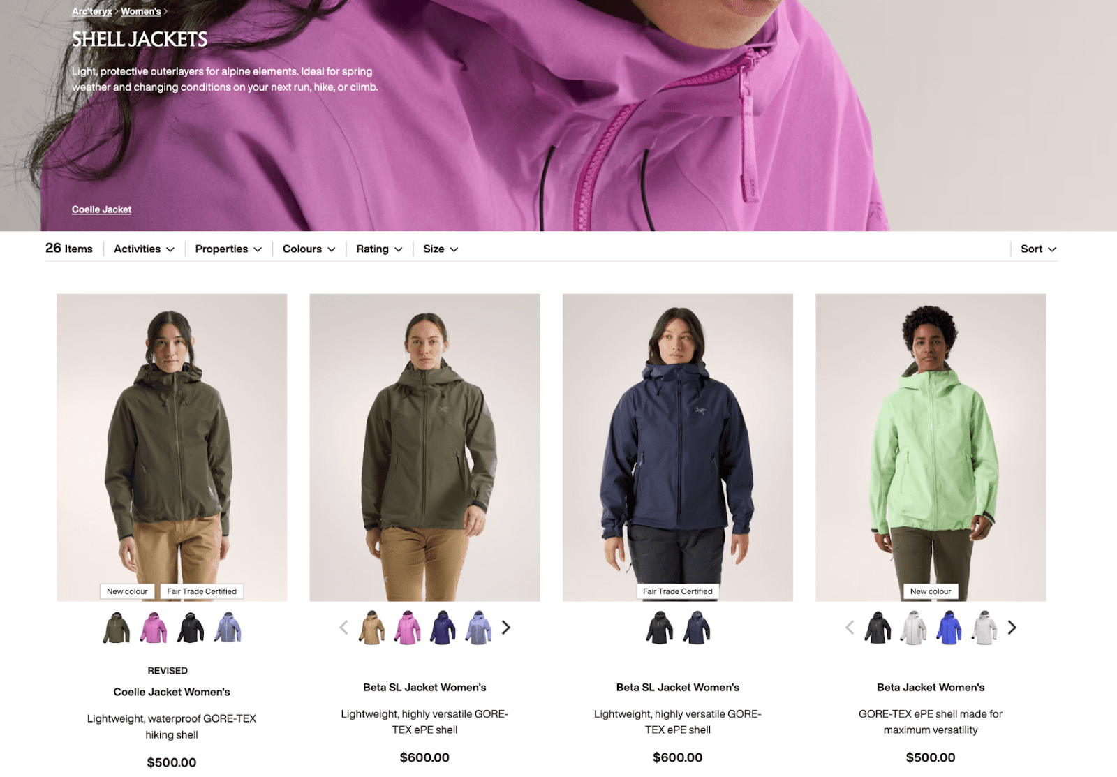 Four women modeling different styles of Arc'teryx women's shell jackets, displayed in a grid with pricing and product details.