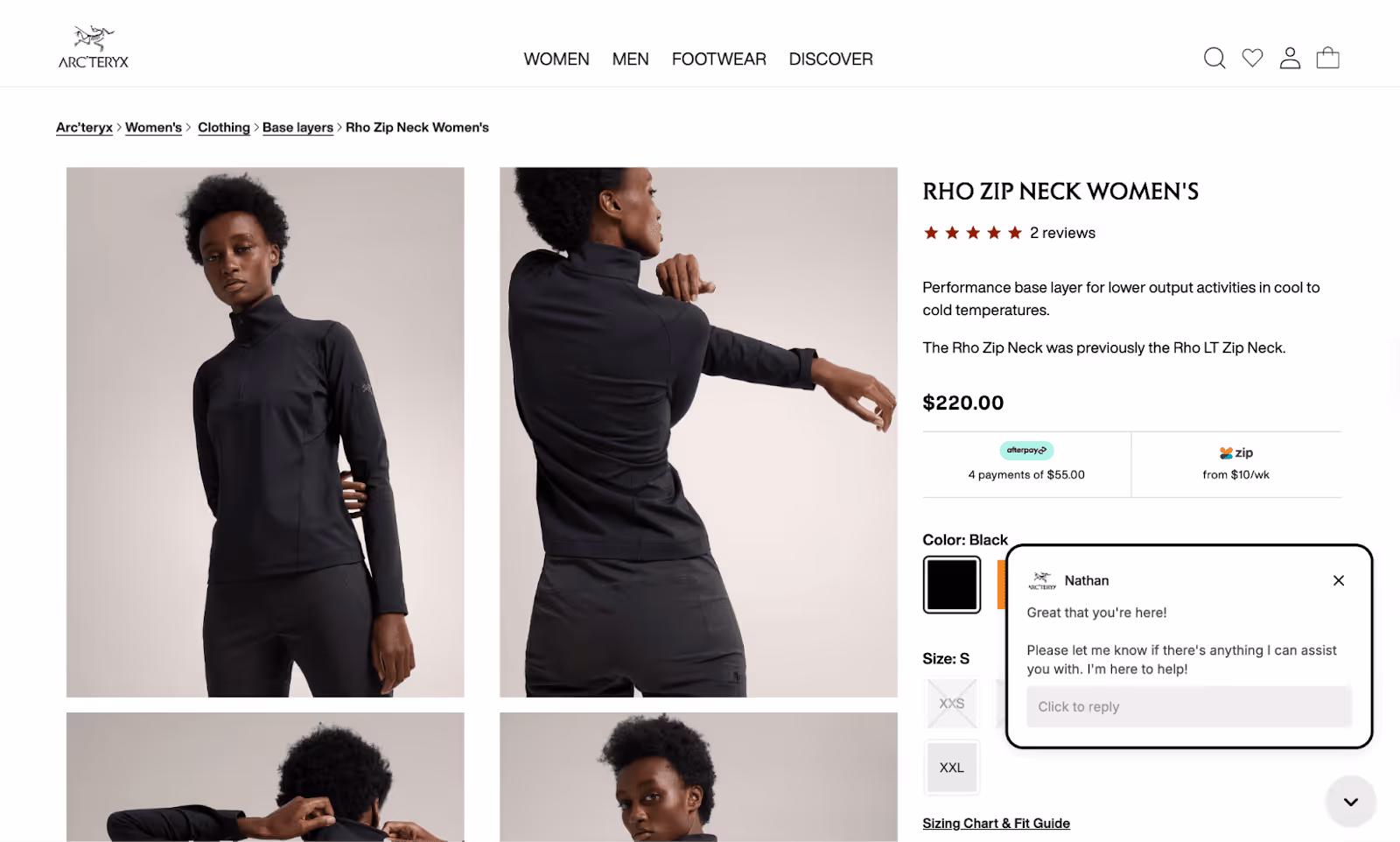 Woman modeling a black zip-neck base layer top from Arc'teryx in various poses, shown on a product detail page. There is a proactive chat campaign that greets the shopper and encourages them to ask any questions. 