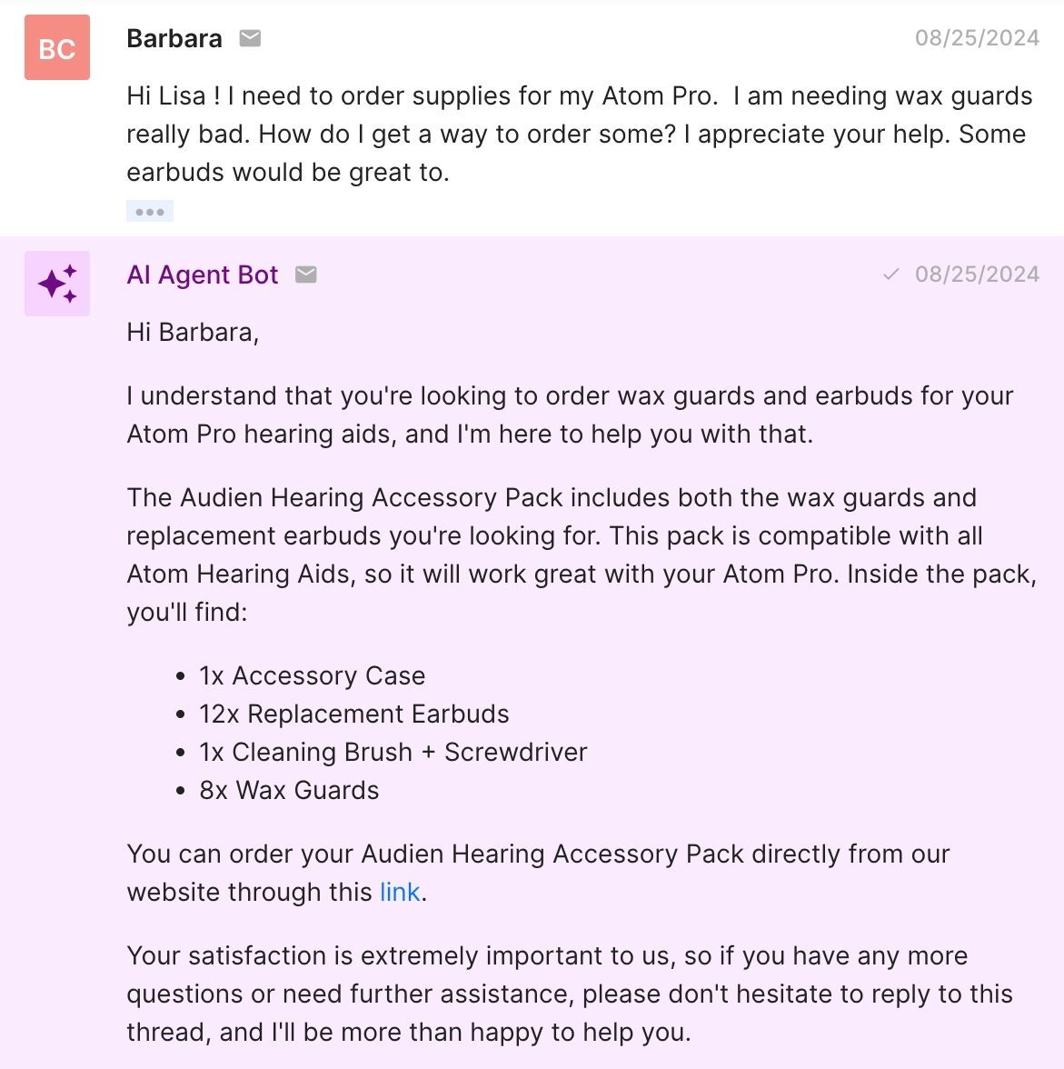 AI Agent responds to an Audien Hearing customer asking about wax guards.