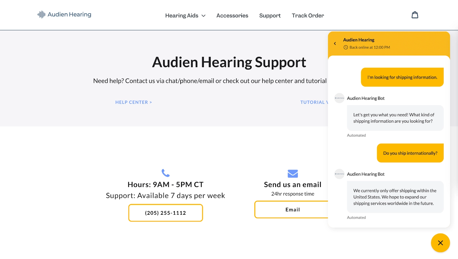 Audien Hearing uses Gorgias to automate support on their Support web page
