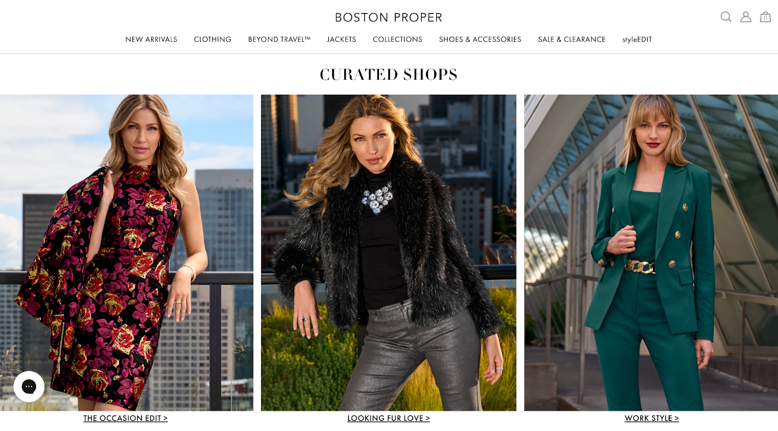 Screenshot of Boston Proper's website homepage showing different product collections.